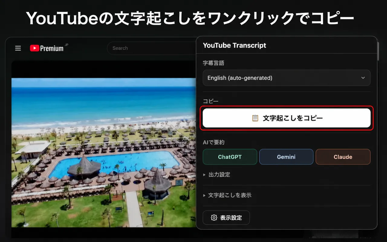 YouTube の動画ページで拡張機能のパネルを開き、コピー操作を表示しているところ